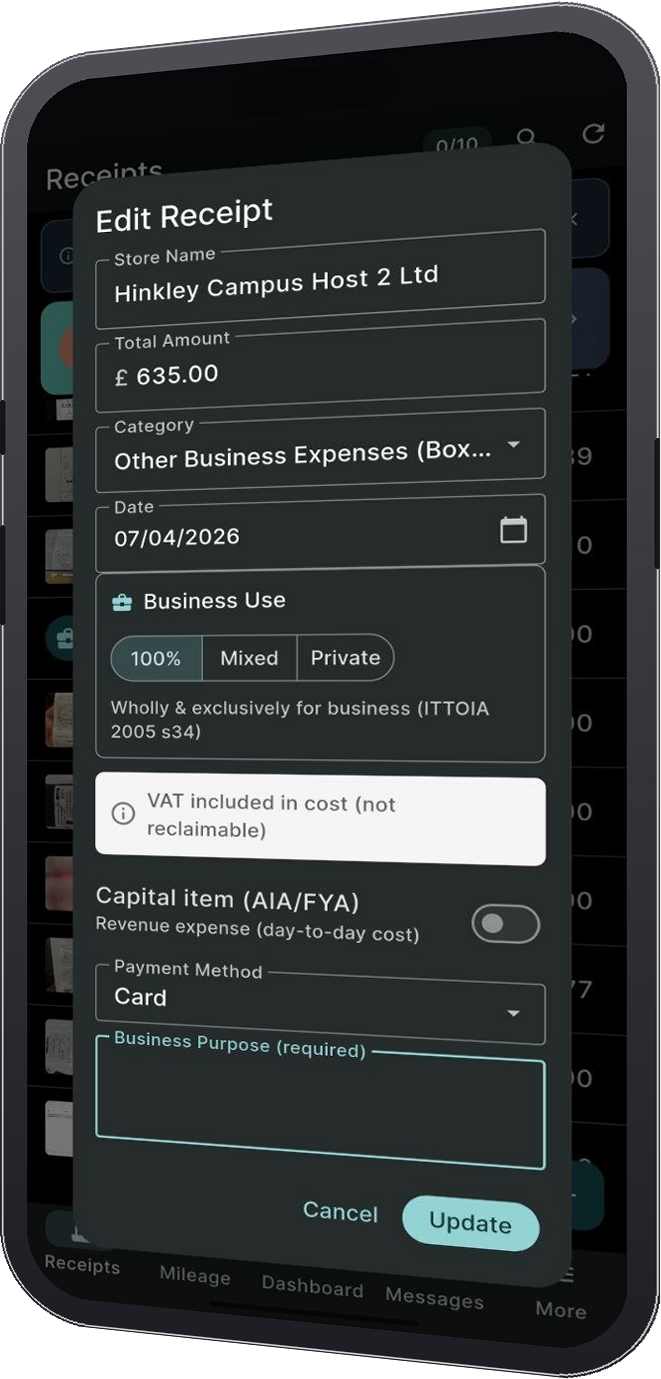 PocketReceipt edit screen with editable store, amount, category, date and payment method