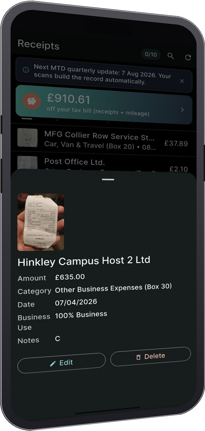 PocketReceipt app showing a scanned receipt: store, £635.00 amount, HMRC category and date read automatically
